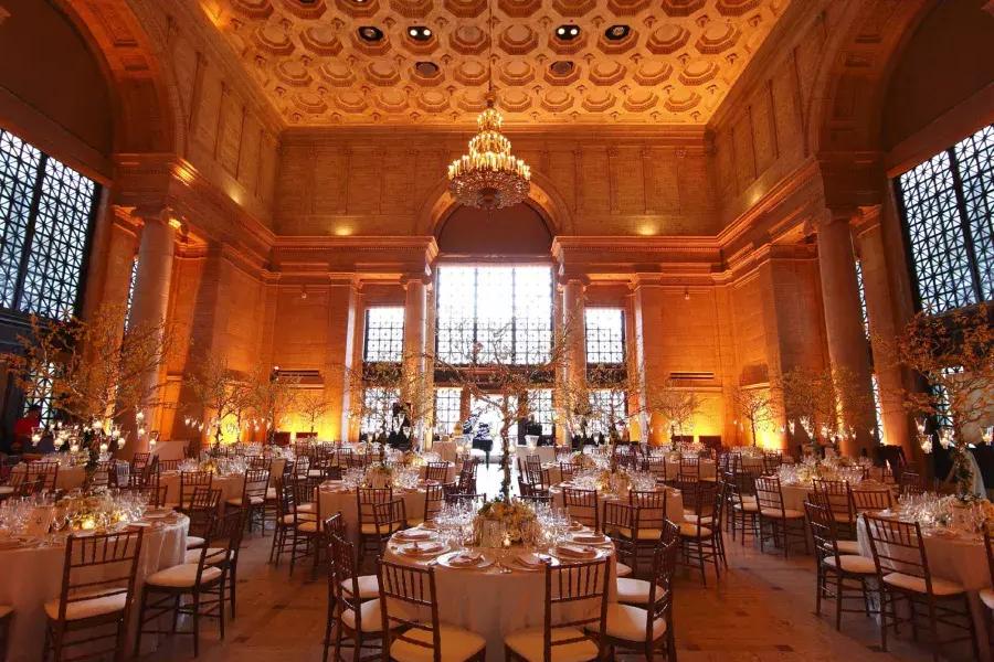 Interior of an ornate room at the Asian Art Museum, set up for an event. San Francisco, California.